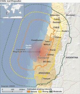 被二月二十七日的地震所襲擊的區域